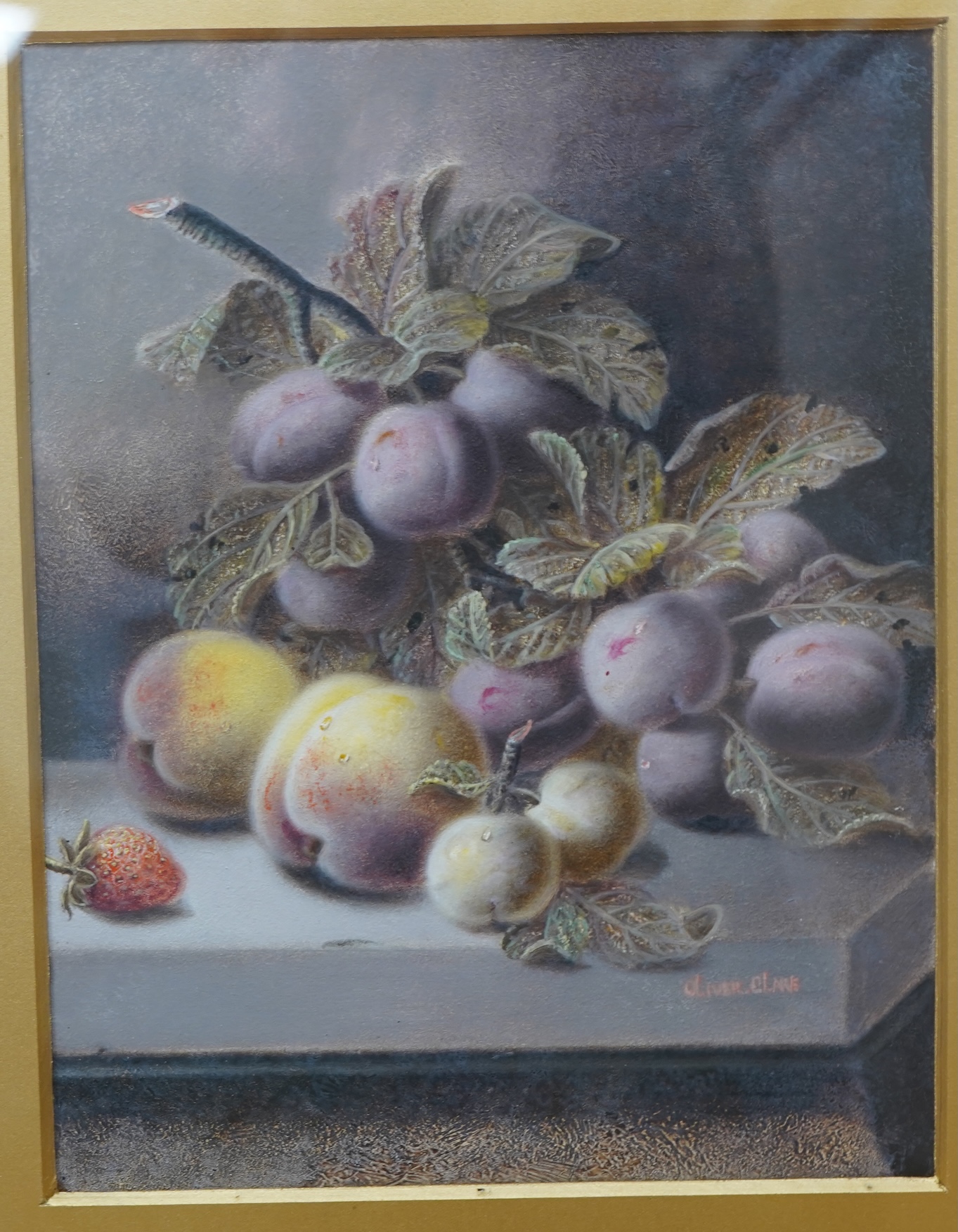 Oliver Clare (1853-1927), Still life of plums, signed, oil, ornate gilt frame, 29 x 23cm